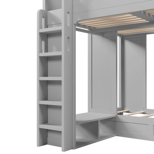 English Elm Triple Bunk Bed Wood Frame with Built in Shelves Hooks for Shared Kids Rooms Gray N7090004027E