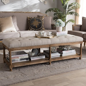 Baxton Studio Baxton Studio Celeste Weathered Oak Ottoman Bench - Elegant Beige Linen, Tufted Seating & Storage TSF-9336-Beige-Bench