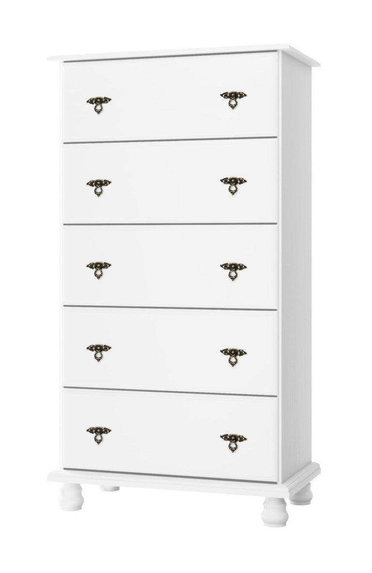 HomeRoots 32 Inch Solid Wood Five Drawer Dresser Bedroom Storage in Crisp White Finish 760735