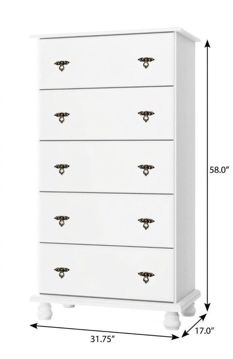 HomeRoots 32 Inch Solid Wood Five Drawer Dresser Bedroom Storage in Crisp White Finish 760735