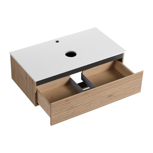 English Elm 36'' Floating Wall Mounted Vanity Plywood Cabinet with Ceramic Vessel Sink Soft Close Drawer W999S00362