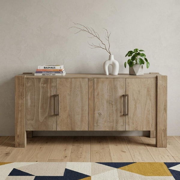 70 Inch Ivory Distressed Sideboard with Four Doors for Rustic Dining Storage