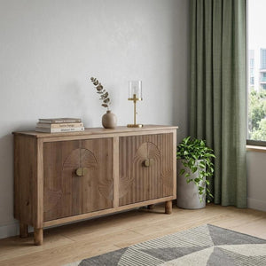 69 Inch Distressed Brown Carved Wood Sideboard with Four Doors for Dining Room