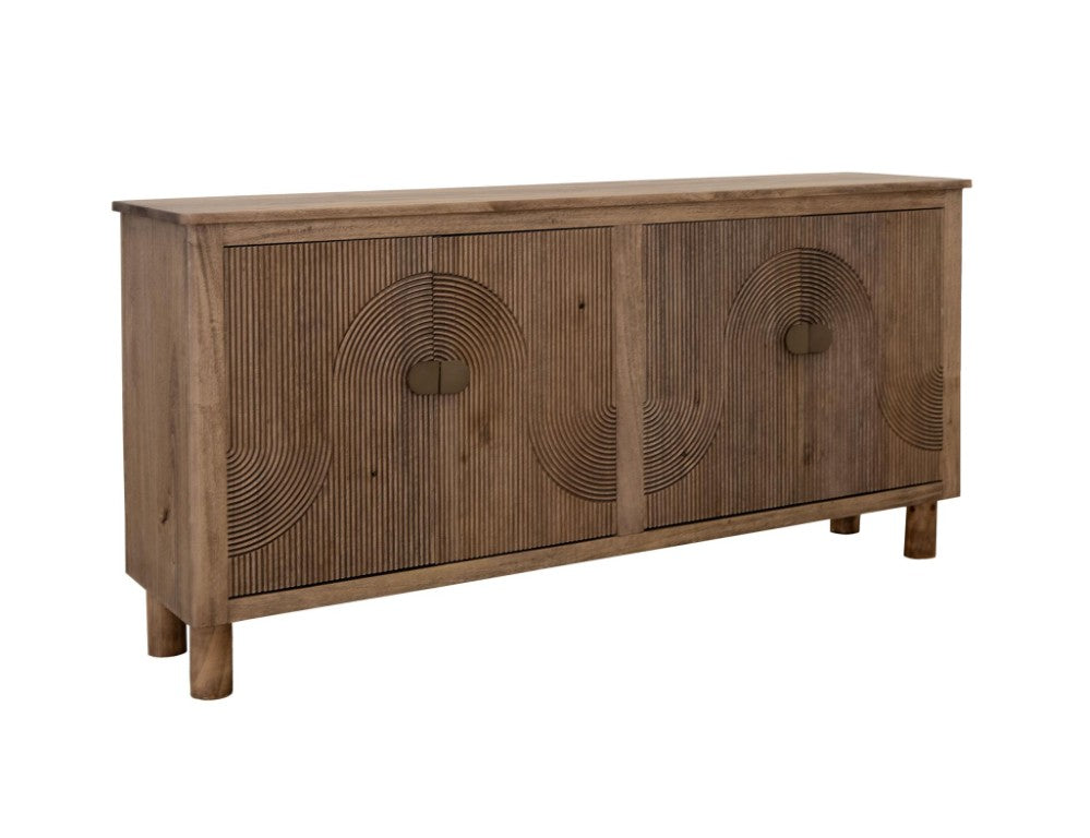 HomeRoots 69 Inch Distressed Brown Carved Wood Sideboard with Four Doors for Dining Room 760743