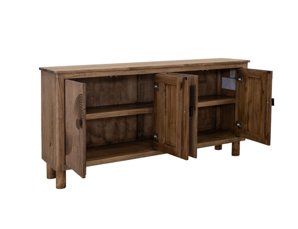 HomeRoots 69 Inch Distressed Brown Carved Wood Sideboard with Four Doors for Dining Room 760743