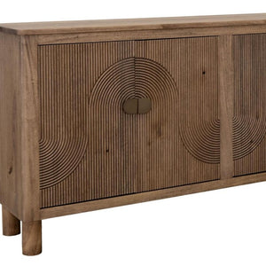 69 Inch Distressed Brown Carved Wood Sideboard with Four Doors for Dining Room