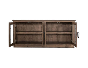 68 Inch Distressed Brown Wood Buffet with Four Glass Panel Doors for Dining Room