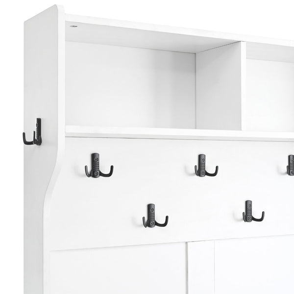 English Elm On-Trend Farmhouse 4-In-1 Hall Tree With Movable Bench, 7 Hooks, Shoe Storage & Barn Doors, White N721P205788K-GIGA