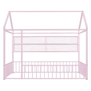 English Elm Full Metal House Bed Frame Full Size with Built-In Fence and 4 Grid Shelves for Durable Storage and Style Pink N737P175361H