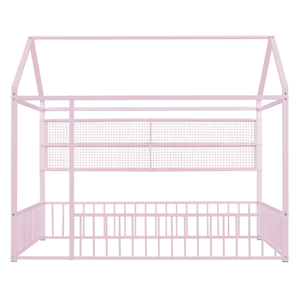 English Elm Full Metal House Bed Frame Full Size with Built-In Fence and 4 Grid Shelves for Durable Storage and Style Pink N737P175361H
