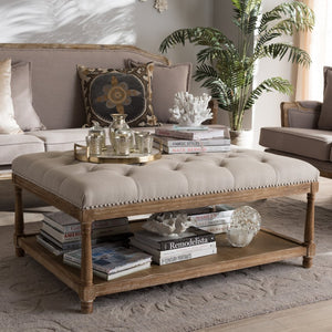 Baxton Studio Baxton Studio Carlotta French Country Coffee Table Ottoman with Weathered Oak & Beige Linen Charm Rectangular TSF-9325-Beige-Otto