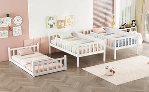 English Elm Twin Triple Rubberwood Bunk Bed with Ladders & Guardrails, Space-Saving Modular Design for Families White W504S00171