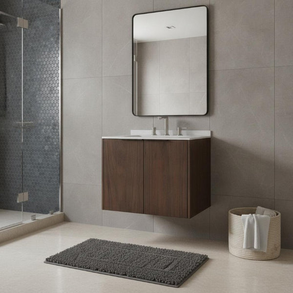 24 Inch Floating Bathroom Vanity in Brown Wood Finish with Integrated White Basin