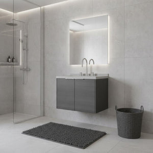 24 Inch Floating Gray Wood Bathroom Vanity Cabinet with Double Doors and White Basin