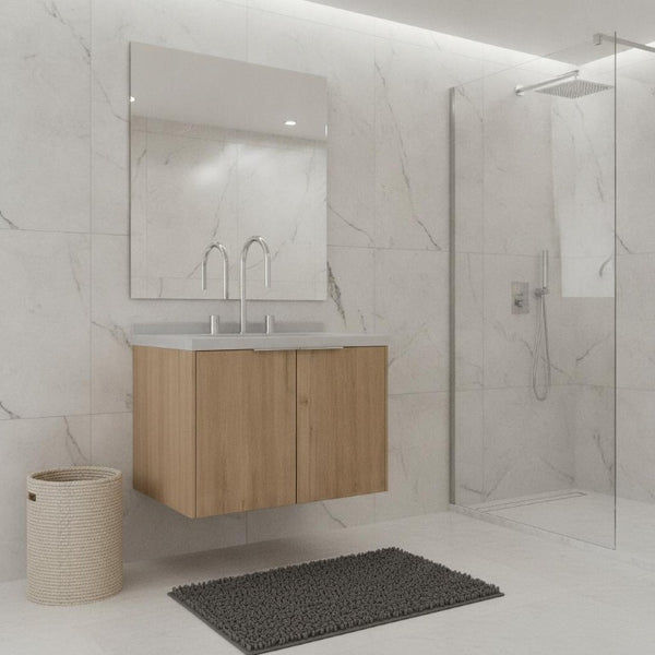 24 Inch Floating Bathroom Vanity in Rich Brown Wood with Integrated White Basin