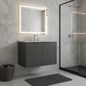 30 Inch Floating Bathroom Vanity Gray Wood Cabinet with Double Doors White Basin