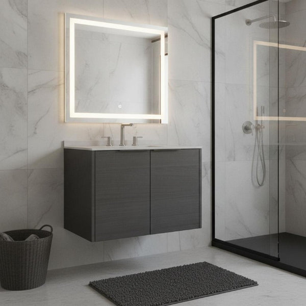 30 Inch Floating Bathroom Vanity Gray Wood Cabinet with Double Doors White Basin