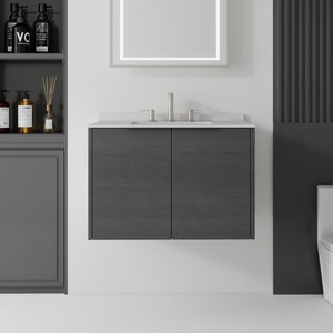 30 Inch Floating Bathroom Vanity Gray Wood Cabinet with Double Doors White Basin
