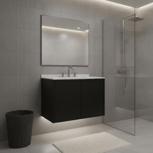 HomeRoots 30 Inch Floating Bathroom Vanity in Black Wood Finish with Double Doors and White Basin 760988