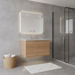 HomeRoots 30 Inch Floating Brown Wood Bathroom Vanity Cabinet with Integrated White Sink Basin 760993