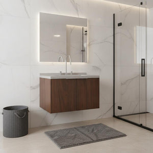 HomeRoots 30 Inch Floating Bathroom Vanity in Brown Wood with Double Doors and White Basin 760998