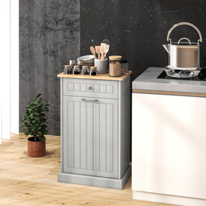 English Elm HOMCOM Tilt-Out Trash Cabinet with Drawer and Oak Top, Space-Saving Pet-Safe Kitchen Organizer W2225P200649