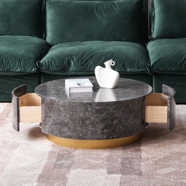 English Elm Tavola Round Coffee Table with Marble Pattern Top and Metal Legs, Two Drawers for Stylish Storage Brown B341P321163