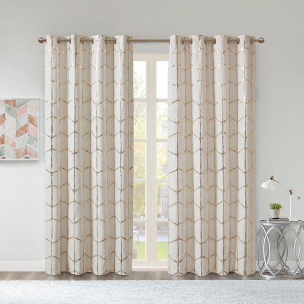 JLA Home Intelligent Design - Total Metallic Geometric Blackout Curtain Panels Pair with Grommet Top, Foamback Liner for Privacy Ivory/Gold ID40-2233
