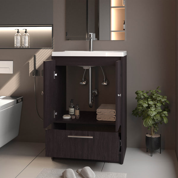 English Elm Wengue 2-Door Freestanding Bathroom Vanity with Sink, Waterproof Wenge Finish, Drawer Storage Elegance B062P355543