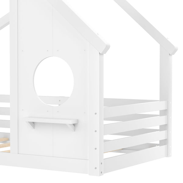 English Elm Twin House Floor Bed with Window & Shelf, Solid Wood Pitched Roof Design for Safe Cozy Sleep White W1580P362678