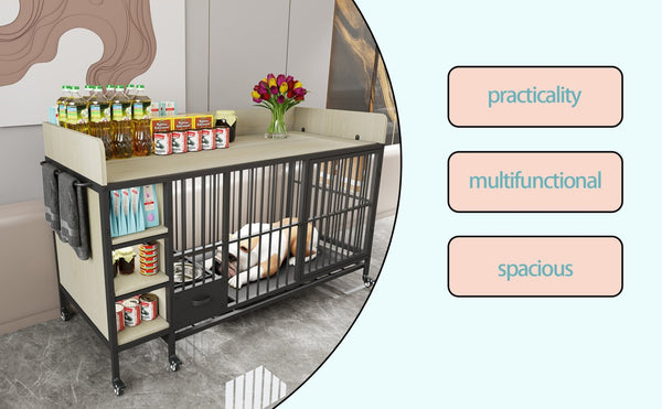 English Elm Large Iron Mdf Pet Enclosure with Storage Cabinet Rolling Casters and Steel Feeding Basins W3064P245384