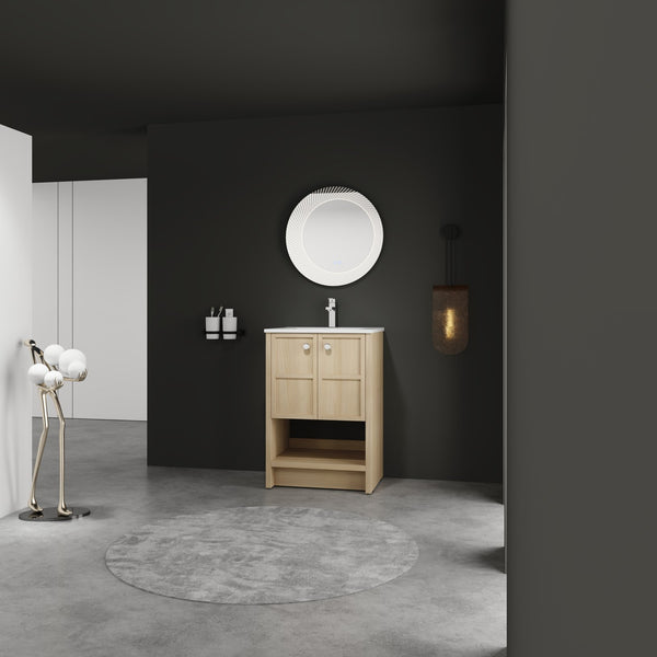 English Elm 24" Freestanding Bathroom Vanity with Ceramic Sink, Oak Finish, 2 Soft-Closing Doors, Open Shelf Storage W1972S00023