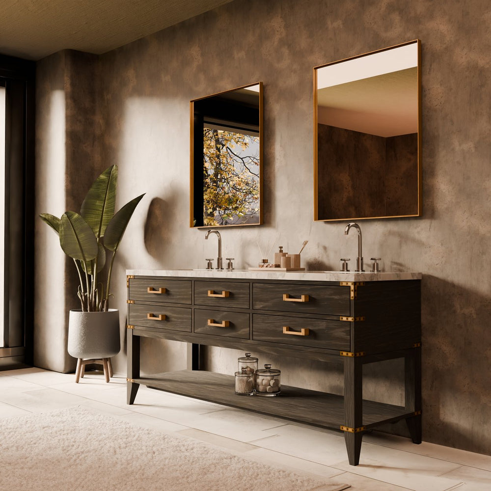 English Elm Black Oak Double Bath Vanity 72" With Carrara Marble Top, Chrome Faucets & Two Elegant Mirrors B2731S02199
