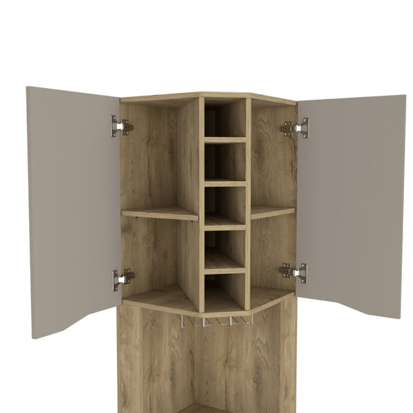 English Elm Grace Corner Bar Cabinet with Wine Rack Stemware Hanging and Concealed Shelving Storage B128S00214