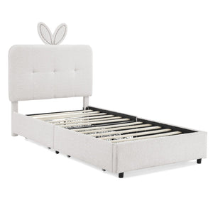 English Elm Twin Kids Boucle Upholstered Bed Rabbit Ear Headboard Led Lighting Four Storage Drawers Beige W1413P384921