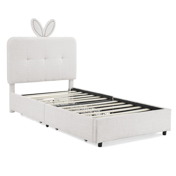 English Elm Twin Kids Boucle Upholstered Bed Rabbit Ear Headboard Led Lighting Four Storage Drawers Beige W1413P384921