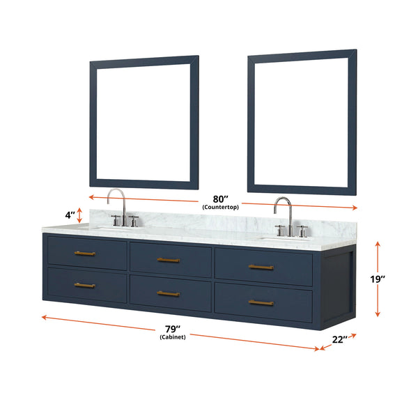 English Elm Blue Double Bath Vanity Set With Carrara Marble Top, Chrome Faucets & 36" Mirrors - Elegant Style! B2731S01837