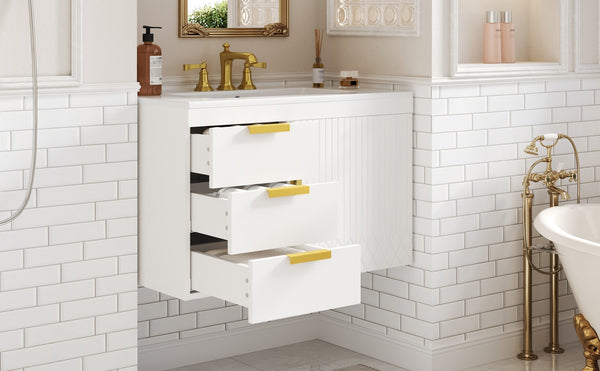 English Elm 30" Wall Mounted Bathroom Vanity with Ceramic Basin Sink, Floating Storage, Soft-Close Doors, Modern Elegance White N710P324096K