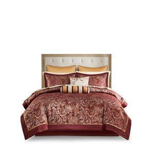 JLA Home Madison Park - 12 Piece Comforter Set Jacquard Paisley Burnt Red Gold with 100% Cotton Sheets, Hotel-Quality Finish 92 L x 90 W x 1.5H MP10-319