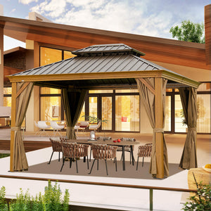 English Elm 10' X 14' Hardtop Gazebo – Durable Metal Canopy With Wood-Grain Frame, Curtains, & Weather Defense W1859S00164