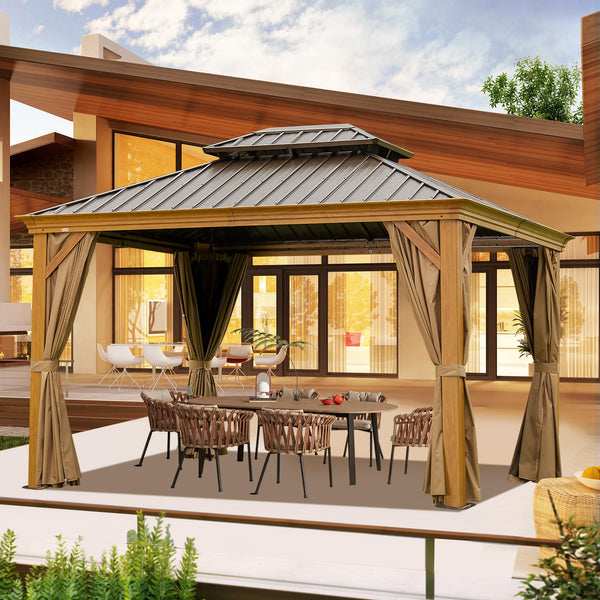 English Elm 10' X 14' Hardtop Gazebo – Durable Metal Canopy With Wood-Grain Frame, Curtains, & Weather Defense W1859S00164