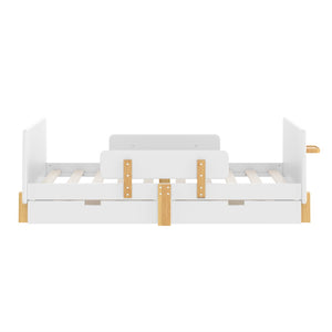 English Elm Twin Low Profile Kids Floor Bed Pine Wood Frame with Safety Rail and Built in Bookshelf Light White W1580P373241