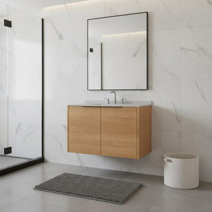 36 Inch Brown Wood Floating Bathroom Vanity with Double Doors and White Basin