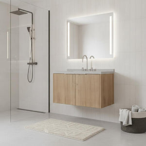 36 Inch Floating Brown Wood Bathroom Vanity with Double Doors and White Basin