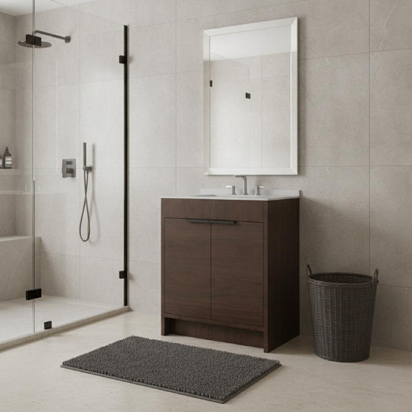 30 Inch Freestanding Wood Bathroom Vanity with Double Doors and Integrated Ceramic Sink Basin