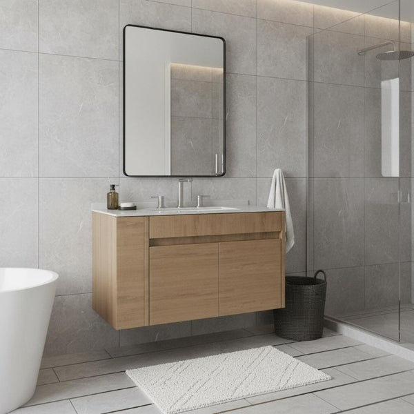 30 Inch Floating Bathroom Vanity in Brown Wood Finish with Dual Doors White Basin