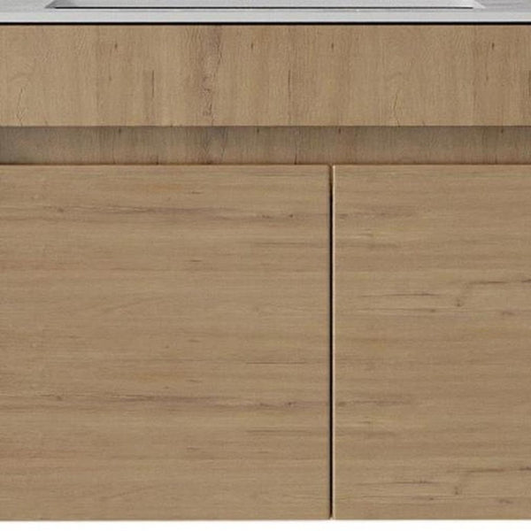 30 Inch Floating Bathroom Vanity in Brown Wood Finish with Dual Doors White Basin