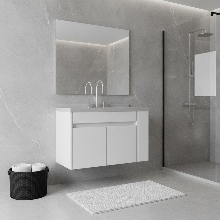 HomeRoots 36 Inch White Floating Bathroom Vanity with Double Doors Sink and Wood Cabinet 761046