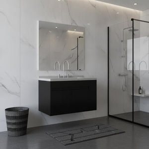 36 Inch Black Wood Floating Bathroom Vanity Cabinet with Integrated White Sink Basin
