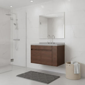 HomeRoots 36 Inch Brown Wood Floating Bathroom Vanity Cabinet with Double Doors and White Basin 761050